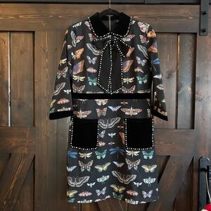 ❗️FINAL❗️Embellished Collar Black Butterfly Print 3/4 Sleeve Dress